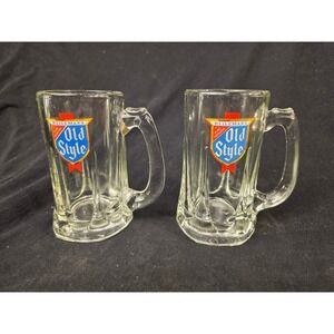 Set of 2 Vintage Heileman's Old Style Beer Mugs Clear Glass Steins 12oz Logo